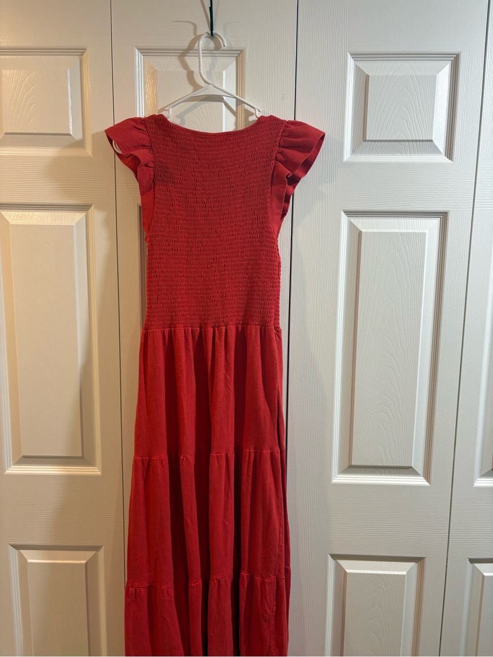 Lucky Brand Red Smocked Ruffle Strap Maxi Dress M pockets Boho Praire Cosstal - Picture 5 of 5